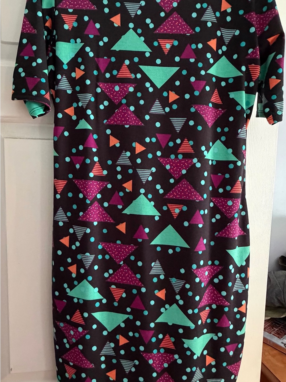 LuLaRoe Julia Dress with Teal, Magenta & Orange Geometric Print 90s inspired